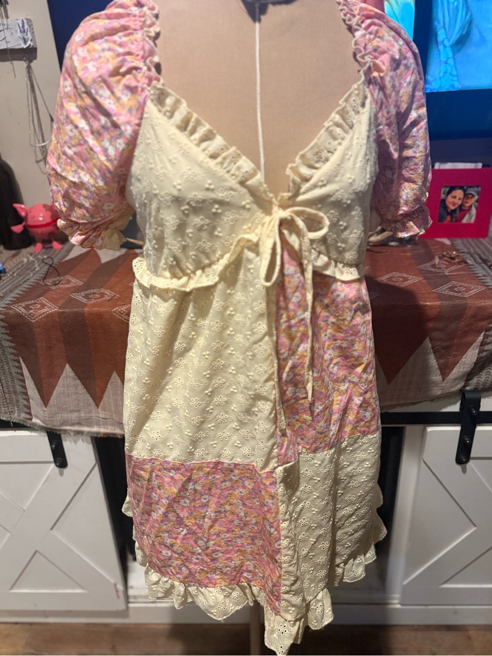 Eyelet Tie-Front Patchwork Mini Dress in Cream and Pink